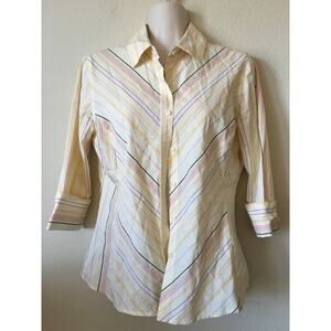 Merona Yellow Diagonal Striped Collared 3/4 Sleeve Button Up Blouse Top Size S